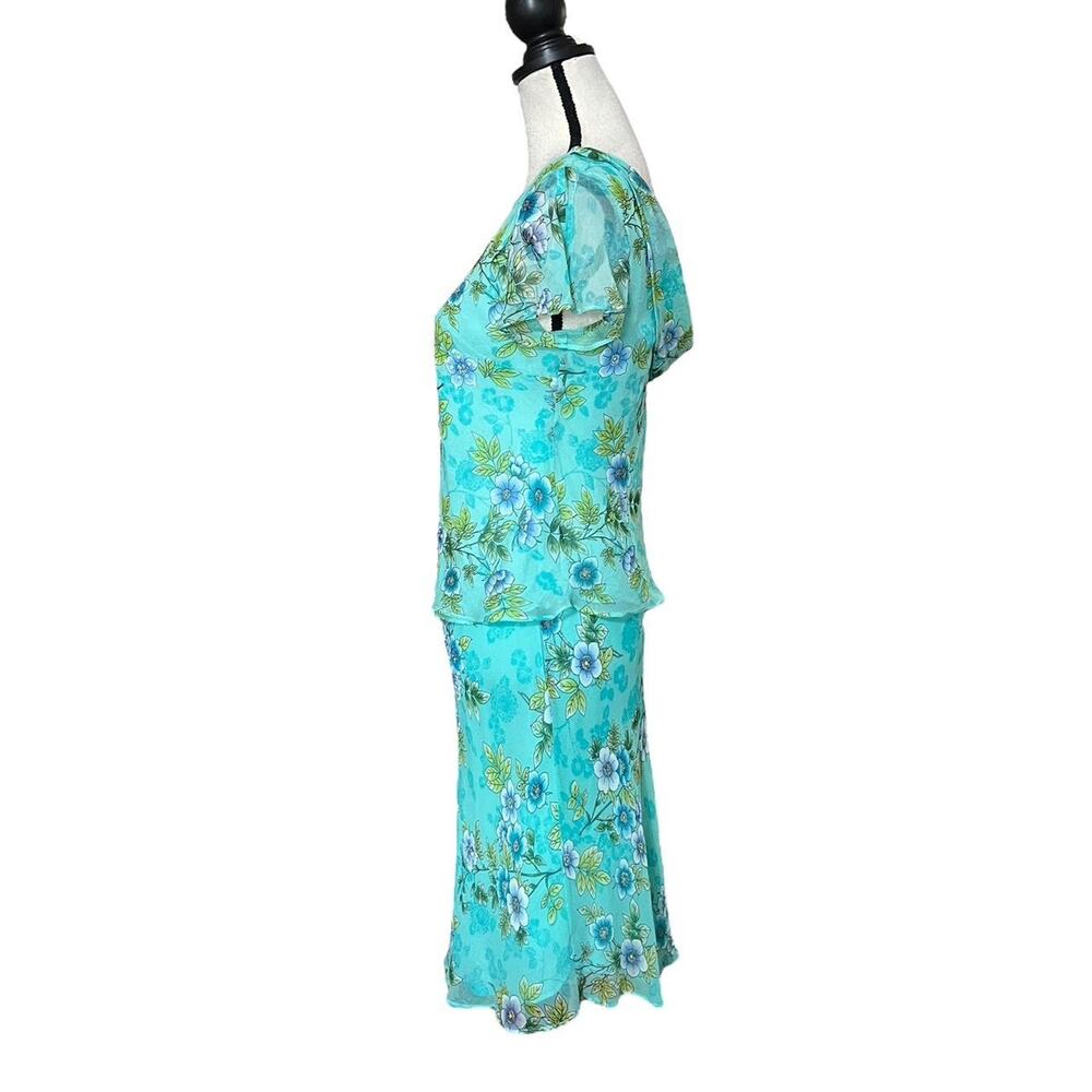 VTG 90s Robbie Bee Aqua Blue Floral Silk Cowled Back Top & Ruffle Skirt Set 10 - Picture 4 of 8